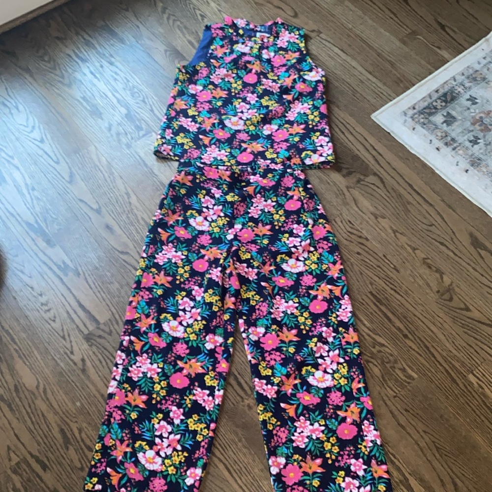 J. Crew Factory Floral Navy Pink Wide-Leg Jumpsuit Set